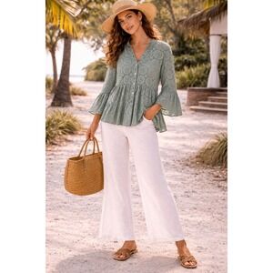 Meo Meli Sage Green Eyelet Blouse Tiered Ruffle Hem Bell Sleeve Boho Flowy Top